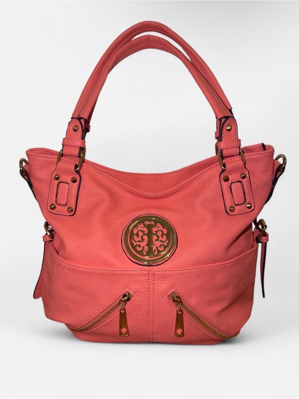 Coral Pink Vegan Leather W/ Signature Logo Hobo Handbag/Crossbody Bag
